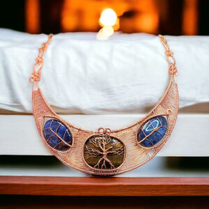 Natural sodalite bib necklace heady copper wire wrap choker tigers eye gem